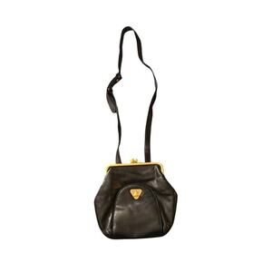 Vintage Black Leather Americana by Sharif Handbag Gold Trim Adjustable Strap